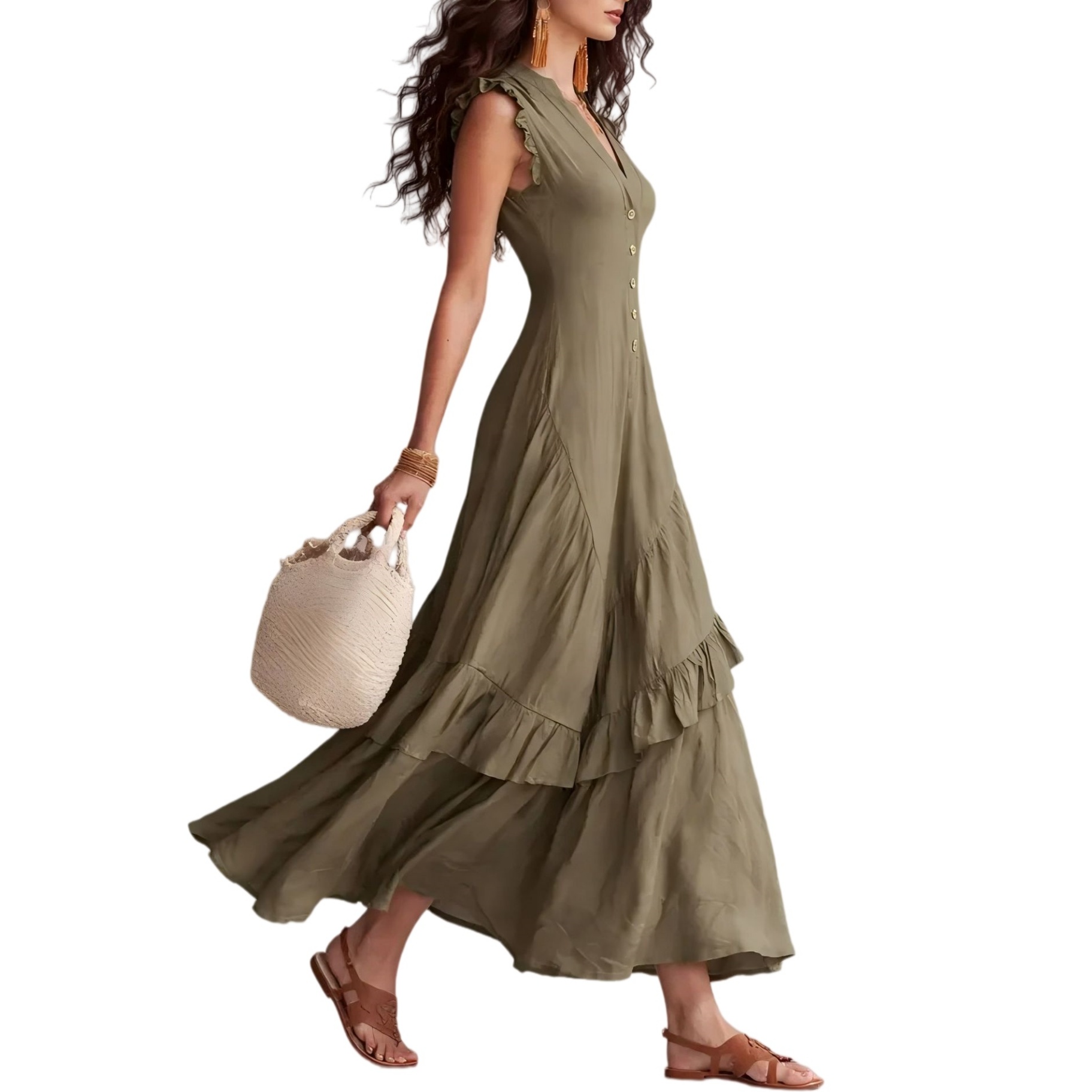 Boho Flowy Sleeveless Maxi Dress V-Neck Button-Front Ruffle Hem A-Line Skirt